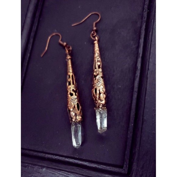Copper plated filigree quartz crystal earrings handmade gothic style jewelry - Picture 5 of 12